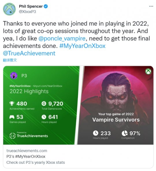Xbox老大分享自己的2022年游戏报告 《吸血鬼幸存者》游玩时长最多