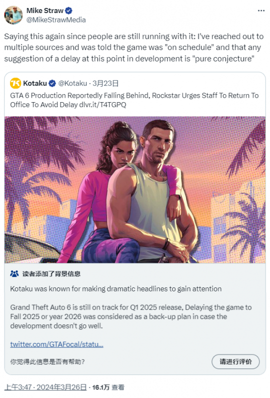 多个消息来源证实《GTA6》仍按计划推进中 任何延期说法都是猜测